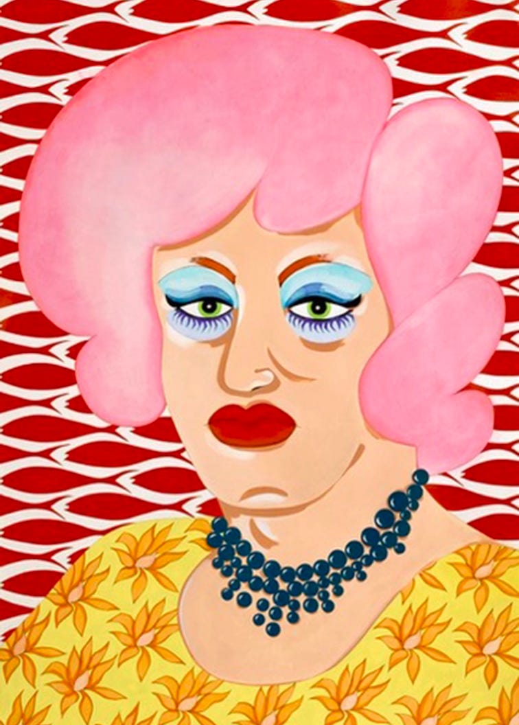  A Mixed media art portrait of a man dressed as a woman. Jane explores the world of cross-dressing with tender paintings of some of the many extraordinary souls she’s worked with over the years.