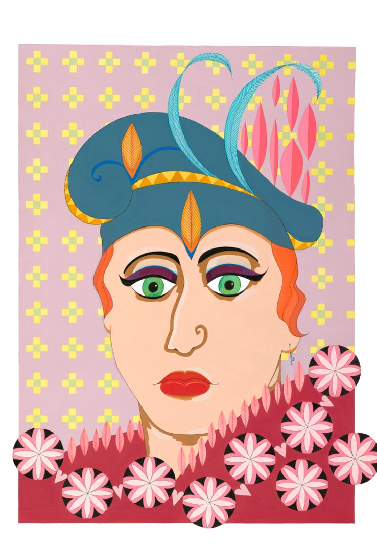 A Mixed media art portrait of a man dressed as a woman. Jane explores the world of cross-dressing with tender paintings of some of the many extraordinary souls she’s worked with over the years.